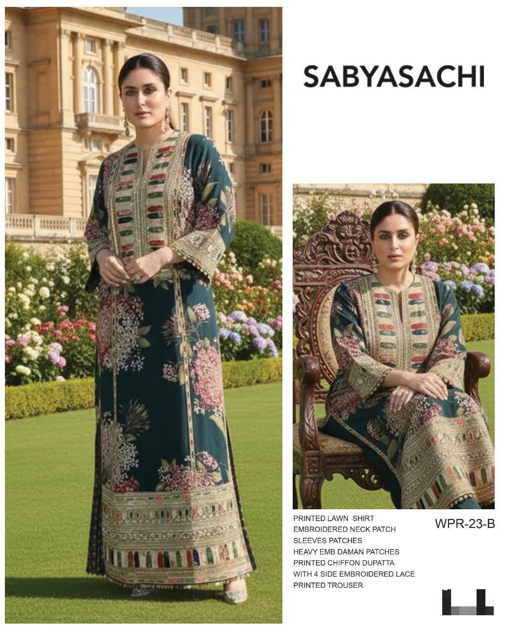 SABYASACHI Premium Lawn 3PC Unstitched Suit with Chiffon Dupatta 2026 | Designer Dress | 3 Piece Lawn Dress