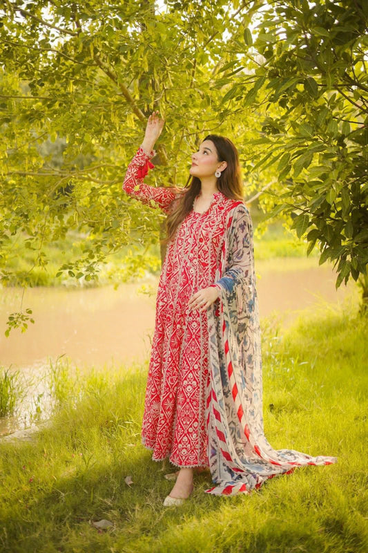 ANEELAโS Unstitched Replica Lawn Suit With Chiffon Dupatta | Heavy Lace Embroidered Lawn Dress | Branded Dress For Girl's