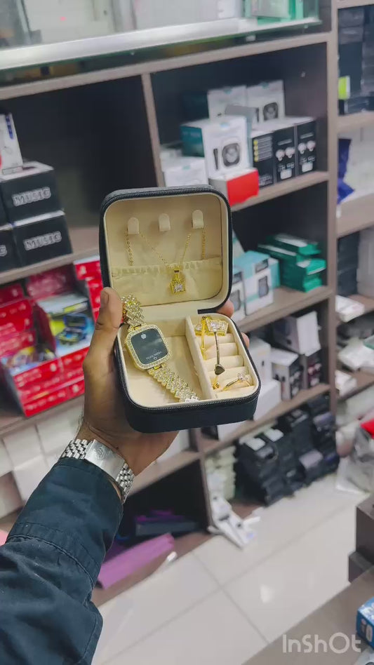 Luxury Golden Watch with Jewelry Set & Box | Elegant Gift Set for Women | Jewelry Box Gift Set For Girl's | Stylish Watch With Jewelry | Wedding Gift For Girl's