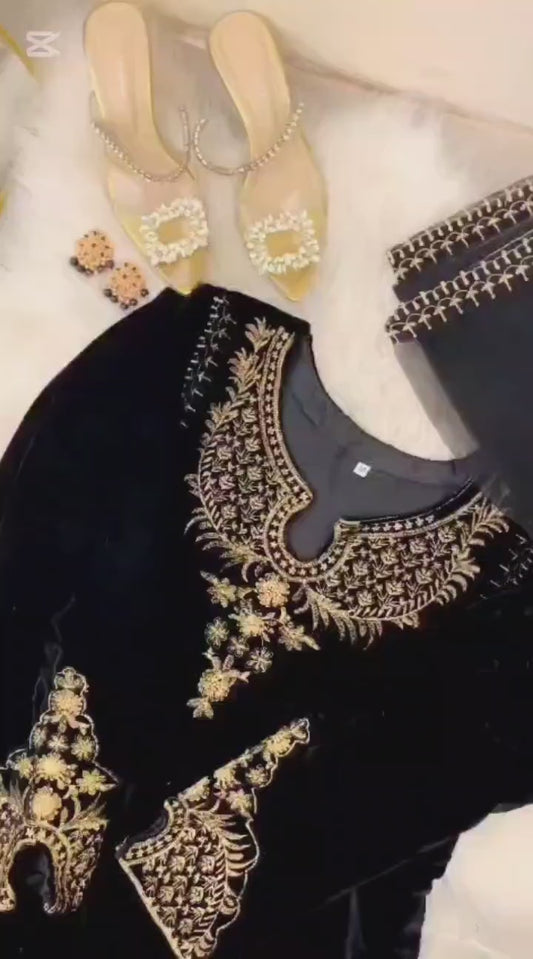 9000 Micro Velvet Winter Suit | Tilla Embroidery Shirt with Velvet Trouser | Velvet Embroidery Dress For Women |Velvet Party Wear