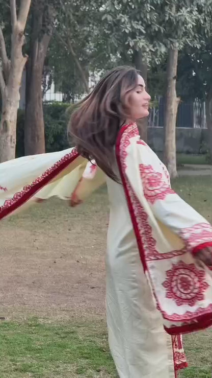 Dhaga Embroidery 3PC Suit | Heavy Embroidered Shawl | Stone Linen Brand Fabric | Embroidery Dress For Girl's