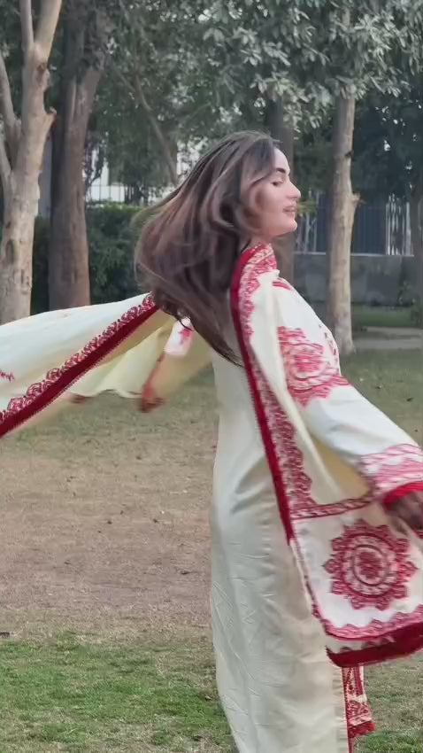 Dhaga Embroidery 3PC Suit | Heavy Embroidered Shawl | Stone Linen Brand Fabric | Embroidery Dress For Girl's