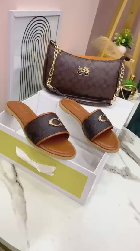Coach Combo Deal for Women | C Buckle Flat Slipper + Moon Style Cross Body Bag | With Brand Box