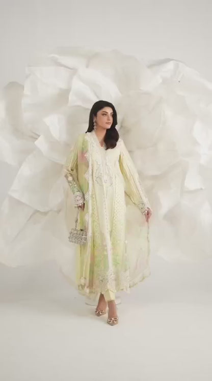 Maria B Luxury Cotton Light Lemon Yellow | Heavy Embroidered Chicken Kari Suit | Branded Lawn Cotton Chikankari Dress