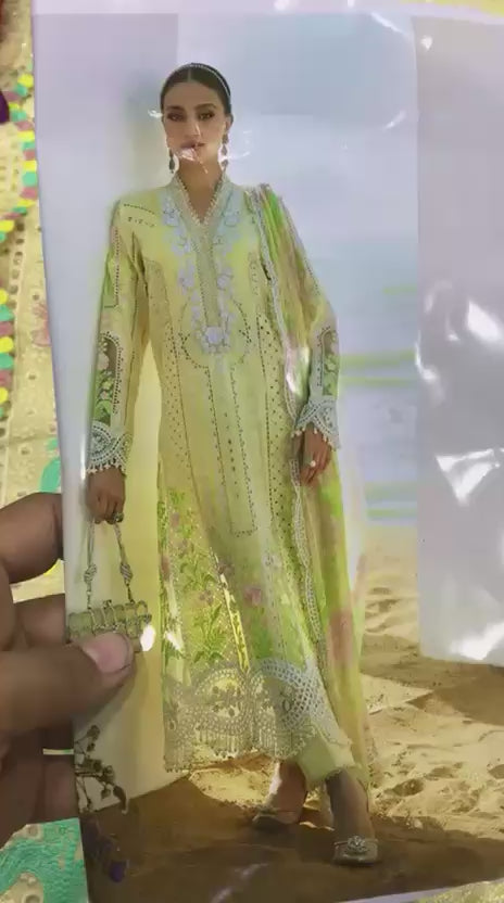 Maria B Luxury Cotton Light Lemon Yellow | Heavy Embroidered Chicken Kari Suit | Branded Lawn Cotton Chikankari Dress