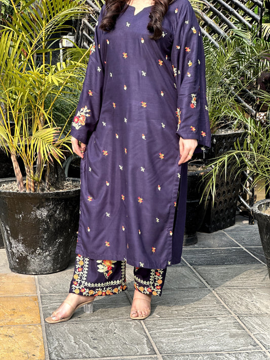 Bright Blue Embroidered 2 Pcs Suit – Stone Linen Fabric, Stylish & Comfortable Dress | Branded Stitched Dress