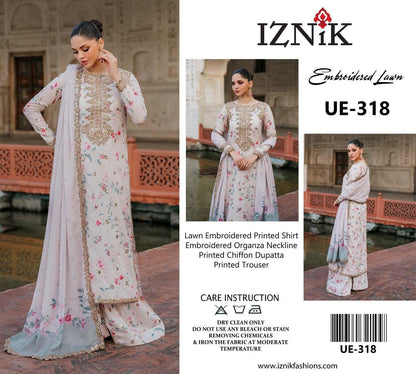 IZNIK Embroidered Lawn Suit with Digital Printed Chiffon Dupatta | Designer Dress | Beautiful Unstitched Lawn Embroidery Dress