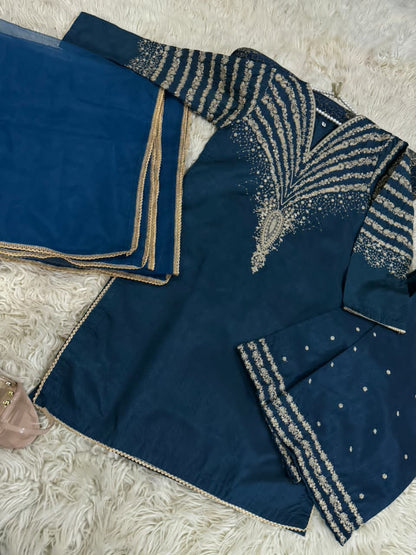 Eid Arrivle Sequins Embroidery Rawsilk Suit with Organza Dupatta | Branded Stitched Dress For Girl's
