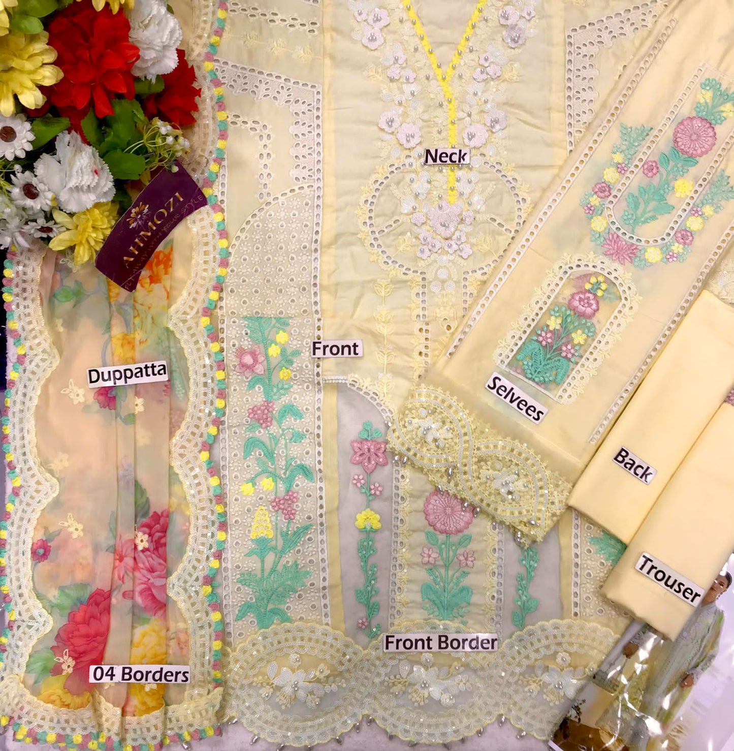 Maria B Luxury Cotton Light Lemon Yellow | Heavy Embroidered Chicken Kari Suit | Branded Lawn Cotton Chikankari Dress