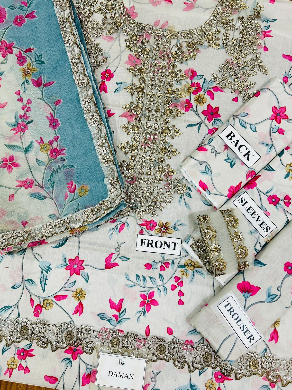 IZNIK Embroidered Lawn Suit with Digital Printed Chiffon Dupatta | Designer Dress | Beautiful Unstitched Lawn Embroidery Dress