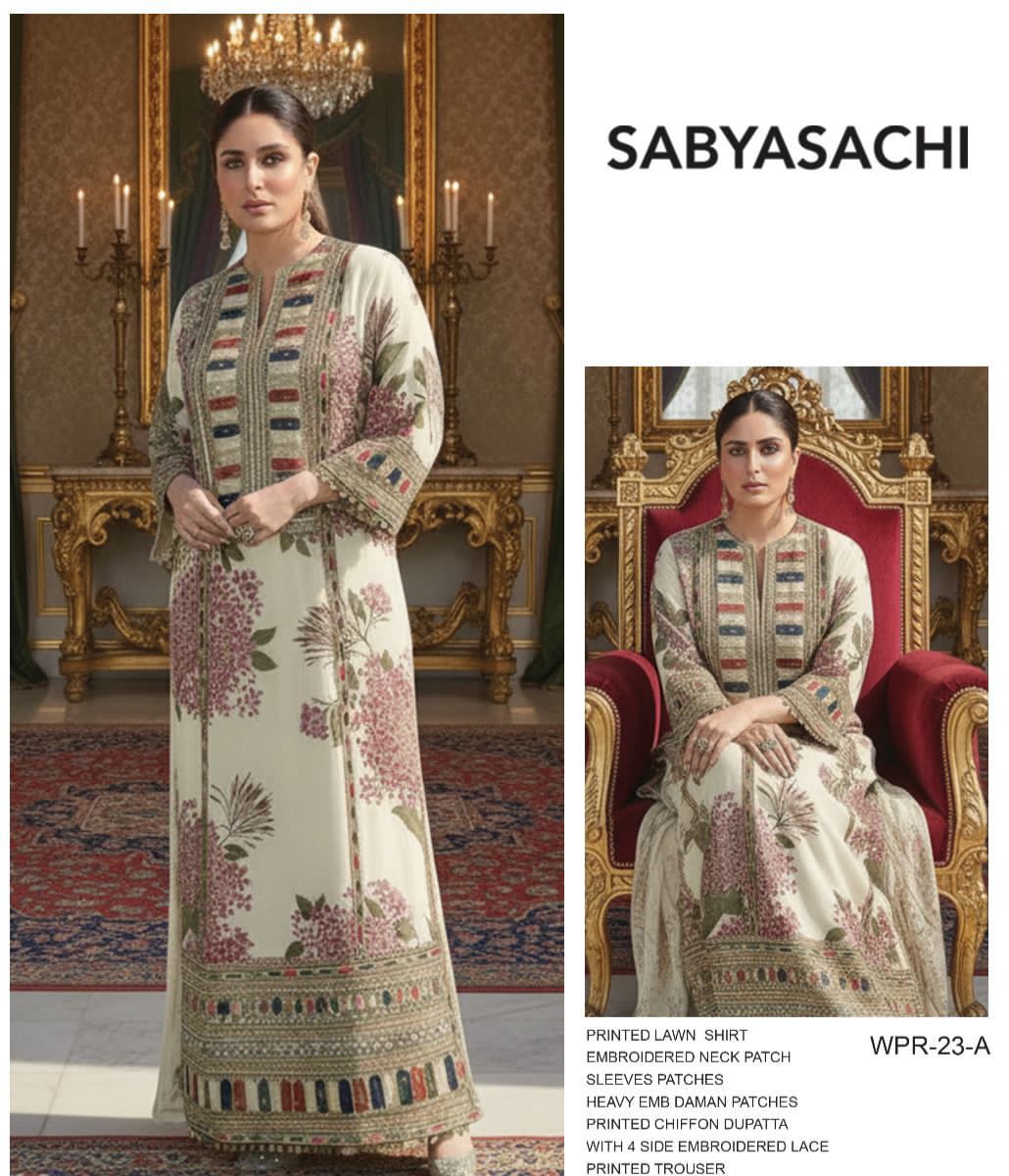 SABYASACHI Premium Lawn 3PC Unstitched Suit with Chiffon Dupatta 2026 | Designer Dress | 3 Piece Lawn Dress