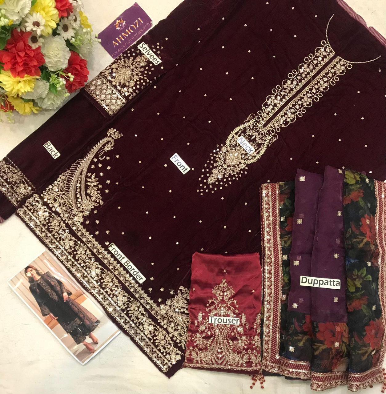 Jazmin Brand Embroidery Dress | Embroidery Dress For Wedding Wear | Velvet Embroidery Dress | Velvet Unstitched fancy Dress