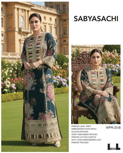 SABYASACHI Premium Lawn 3PC Unstitched Suit with Chiffon Dupatta 2026 | Designer Dress | 3 Piece Lawn Dress