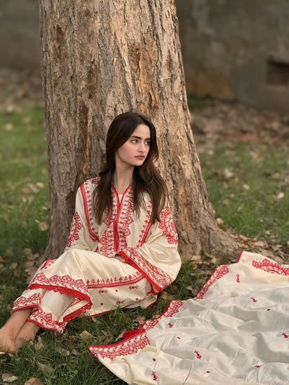 Dhaga Embroidery 3PC Suit | Heavy Embroidered Shawl | Stone Linen Brand Fabric | Embroidery Dress For Girl's