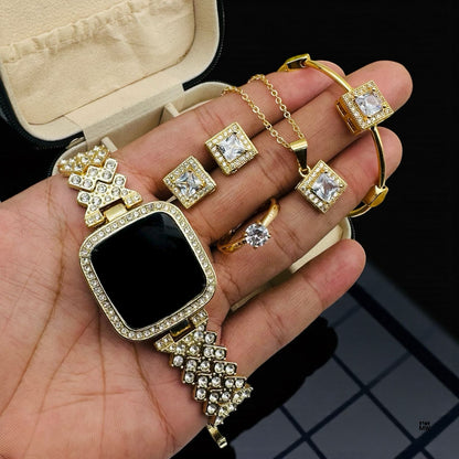 Luxury Golden Watch with Jewelry Set & Box | Elegant Gift Set for Women | Jewelry Box Gift Set For Girl's | Stylish Watch With Jewelry | Wedding Gift For Girl's