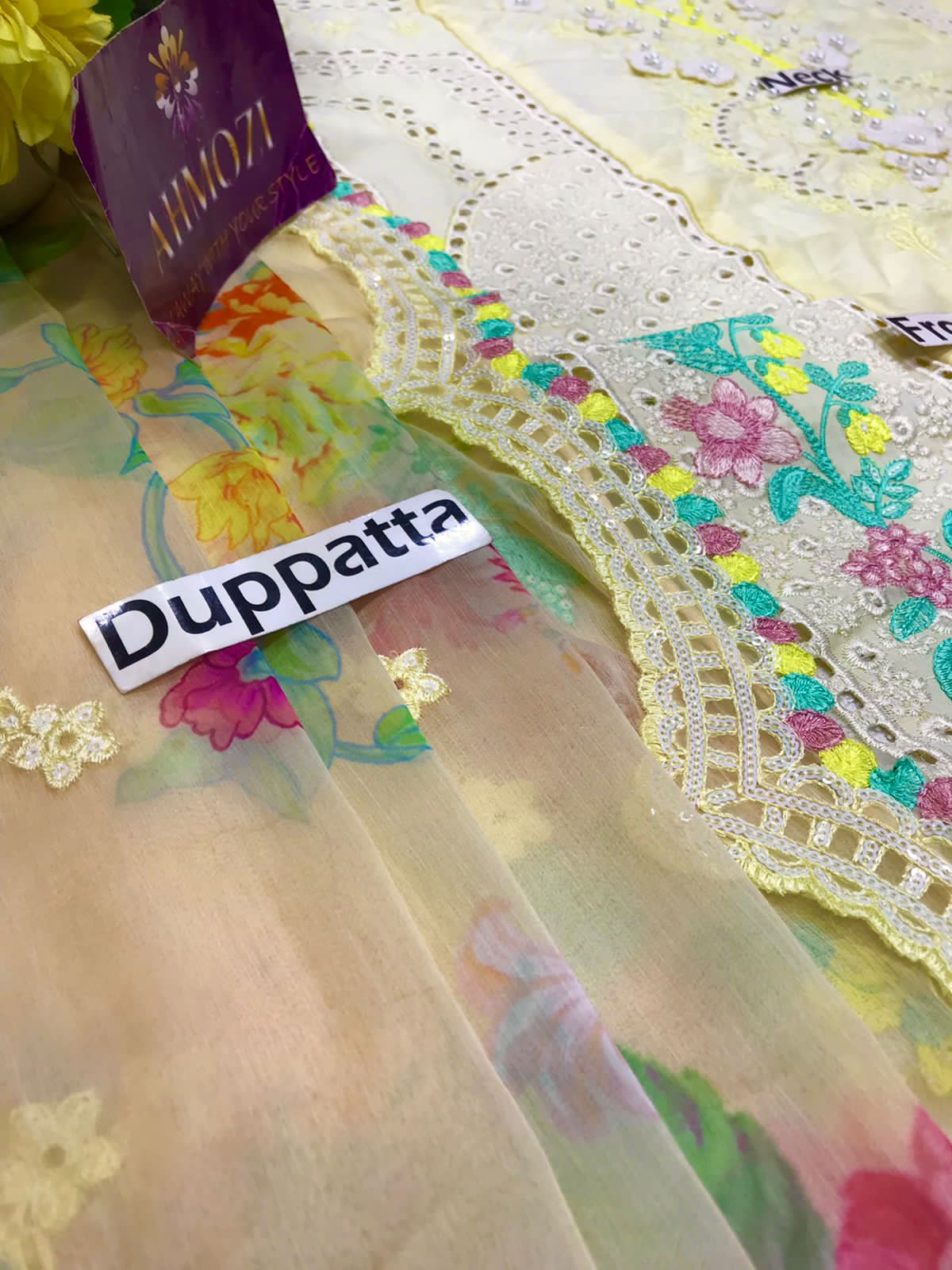 Maria B Luxury Cotton Light Lemon Yellow | Heavy Embroidered Chicken Kari Suit | Branded Lawn Cotton Chikankari Dress