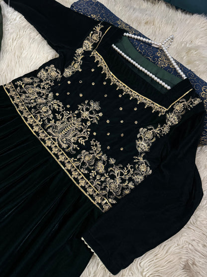 Embroidered Velvet Maxi Dress for Women | Luxury Party & Wedding Wear | Beautiful Velvet Maxi | Stitched Velvet Maxi With Chiffon Duppata