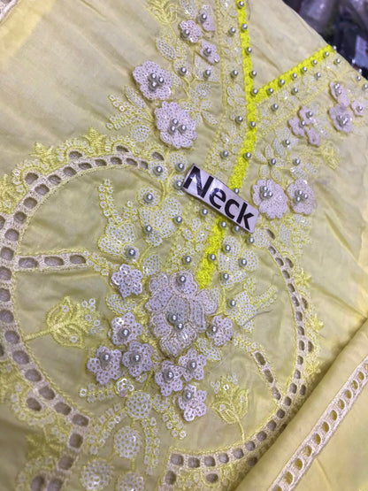 Maria B Luxury Cotton Light Lemon Yellow | Heavy Embroidered Chicken Kari Suit | Branded Lawn Cotton Chikankari Dress