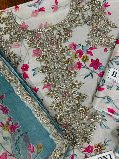 IZNIK Embroidered Lawn Suit with Digital Printed Chiffon Dupatta | Designer Dress | Beautiful Unstitched Lawn Embroidery Dress