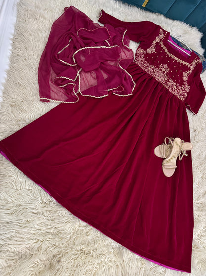 Embroidered Velvet Maxi Dress for Women | Luxury Party & Wedding Wear | Beautiful Velvet Maxi | Stitched Velvet Maxi With Chiffon Duppata