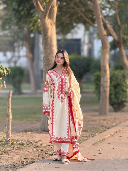 Dhaga Embroidery 3PC Suit | Heavy Embroidered Shawl | Stone Linen Brand Fabric | Embroidery Dress For Girl's