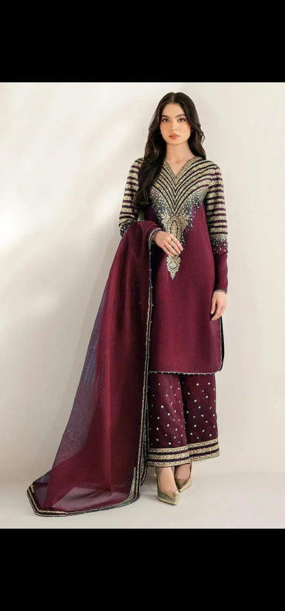 Eid Arrivle Sequins Embroidery Rawsilk Suit with Organza Dupatta | Branded Stitched Dress For Girl's