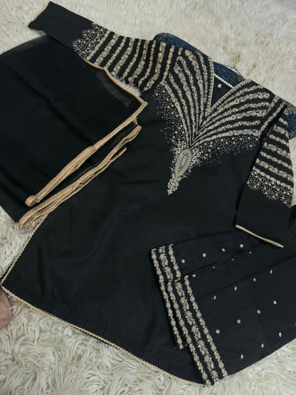 Eid Arrivle Sequins Embroidery Rawsilk Suit with Organza Dupatta | Branded Stitched Dress For Girl's