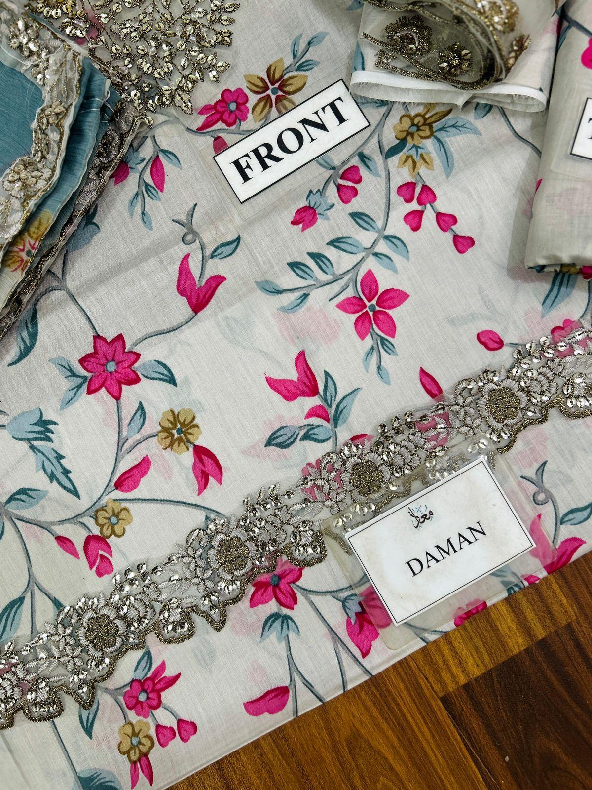 IZNIK Embroidered Lawn Suit with Digital Printed Chiffon Dupatta | Designer Dress | Beautiful Unstitched Lawn Embroidery Dress