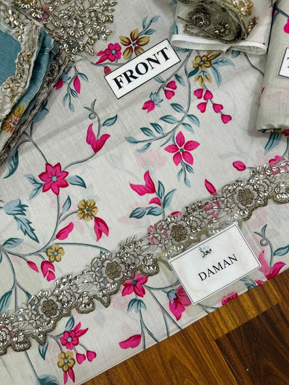 IZNIK Embroidered Lawn Suit with Digital Printed Chiffon Dupatta | Designer Dress | Beautiful Unstitched Lawn Embroidery Dress