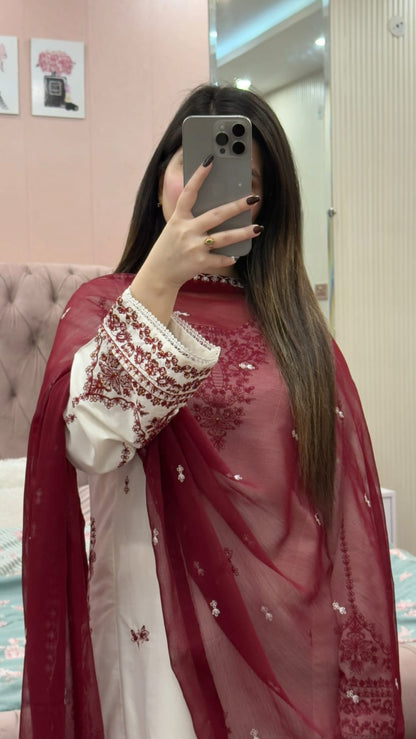 Snow Drop Embroidered 3PC Suit | Premium Collection | Designer Embroidery Dress | Luxury Stitch Dress