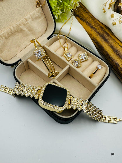 Luxury Golden Watch with Jewelry Set & Box | Elegant Gift Set for Women | Jewelry Box Gift Set For Girl's | Stylish Watch With Jewelry | Wedding Gift For Girl's