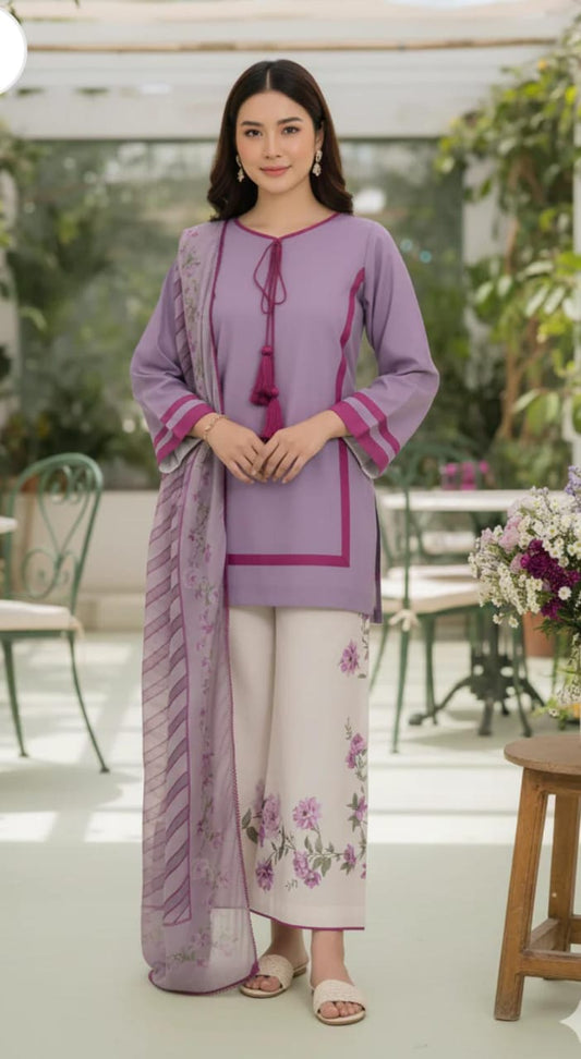 Lavender Digital Printed 3 Pcs Soft Khadder Suit – Winter Ready to Wear for Women | Branded Stitched Dress