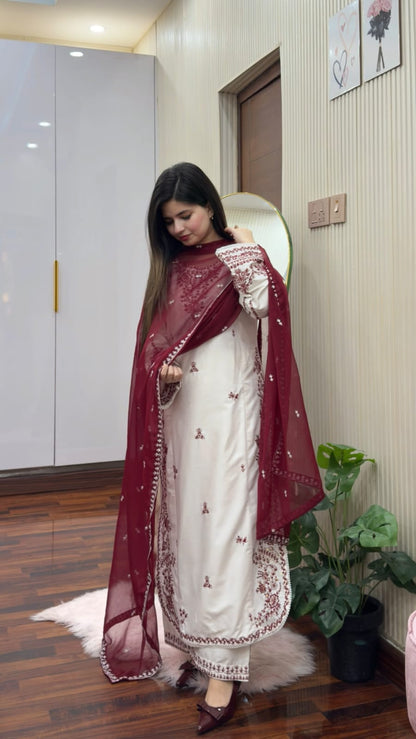 Snow Drop Embroidered 3PC Suit | Premium Collection | Designer Embroidery Dress | Luxury Stitch Dress
