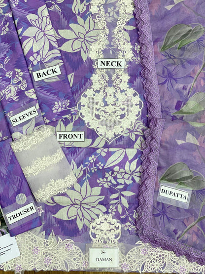 Aneela’s Collection | Lawn & Chiffon Embroidered Suit | HR Designers Dress | Beautiful Unstitched Lawn Embroidery Dress