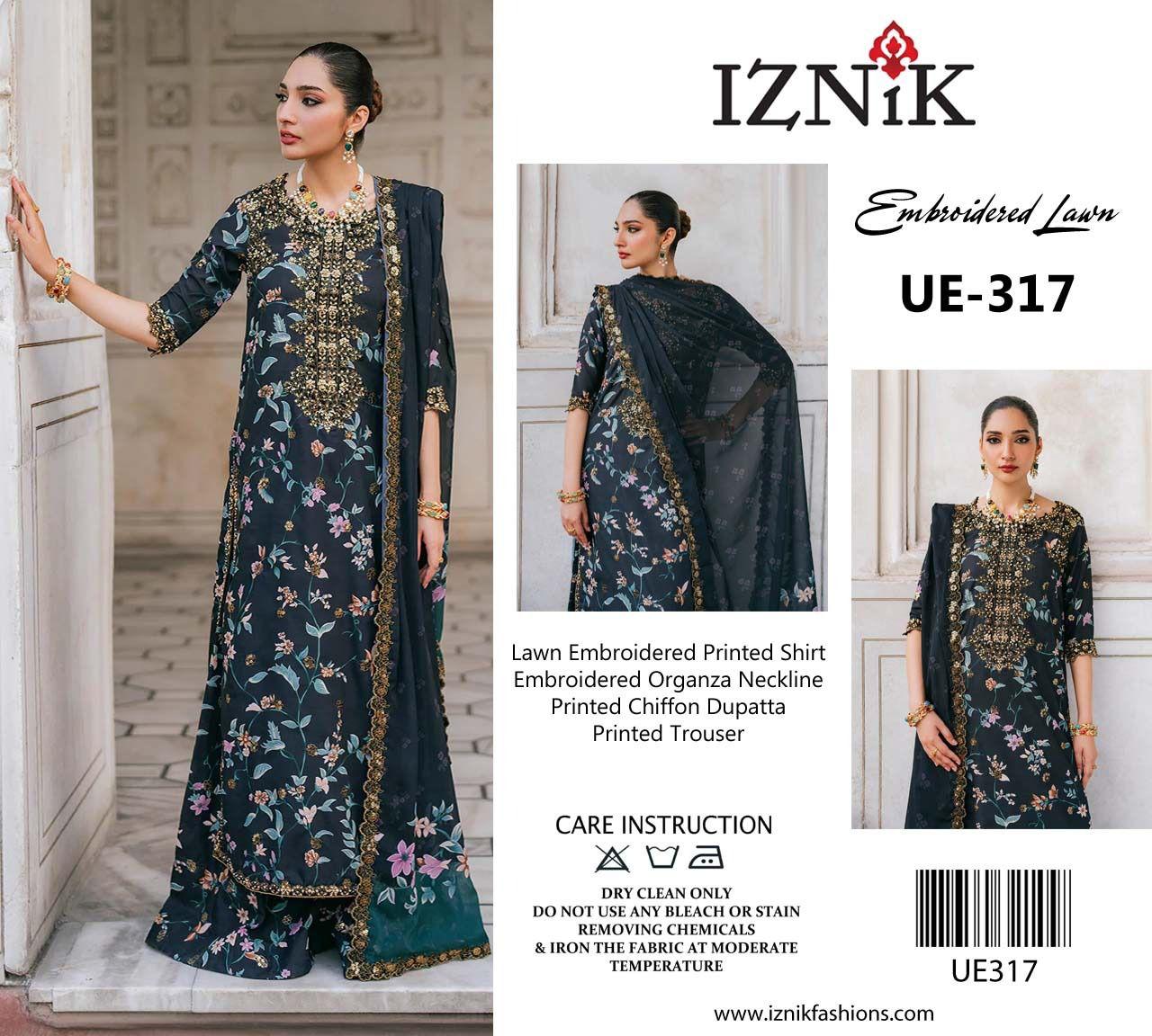 IZNIK Embroidered Lawn Suit with Digital Printed Chiffon Dupatta | Designer Dress | Beautiful Unstitched Lawn Embroidery Dress