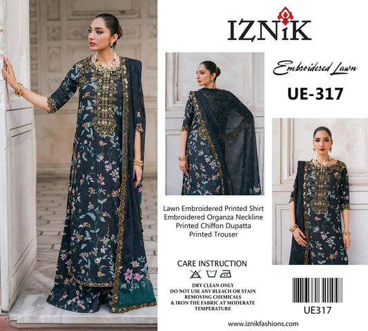 IZNIK Embroidered Lawn Suit with Digital Printed Chiffon Dupatta | Designer Dress | Beautiful Unstitched Lawn Embroidery Dress