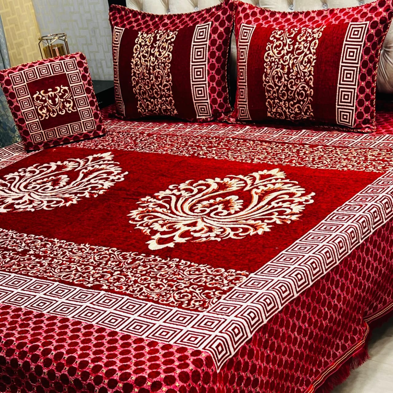 4Pc Velvet Jacquard King Size Bedsheet | Luxury Winter Bedsheet  | Jacquard King Size Bedsheet
