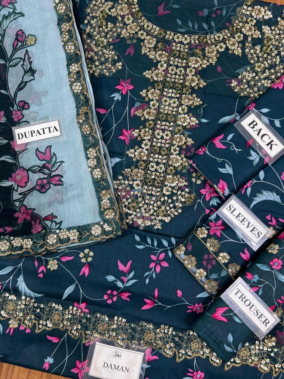 IZNIK Embroidered Lawn Suit with Digital Printed Chiffon Dupatta | Designer Dress | Beautiful Unstitched Lawn Embroidery Dress