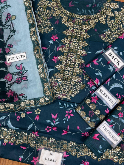 IZNIK Embroidered Lawn Suit with Digital Printed Chiffon Dupatta | Designer Dress | Beautiful Unstitched Lawn Embroidery Dress