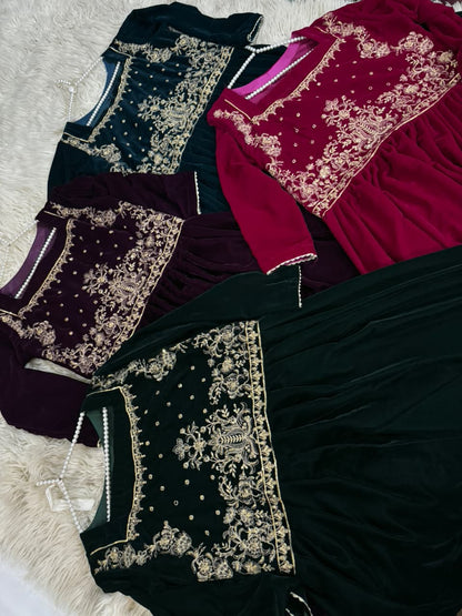 Embroidered Velvet Maxi Dress for Women | Luxury Party & Wedding Wear | Beautiful Velvet Maxi | Stitched Velvet Maxi With Chiffon Duppata