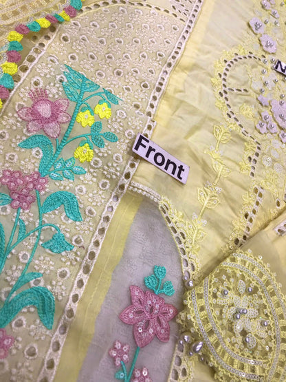 Maria B Luxury Cotton Light Lemon Yellow | Heavy Embroidered Chicken Kari Suit | Branded Lawn Cotton Chikankari Dress