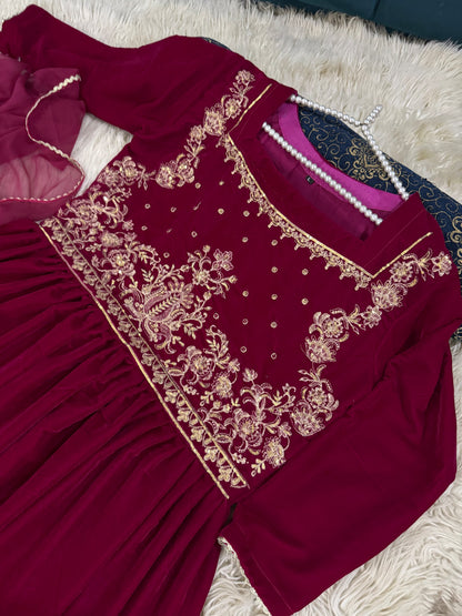 Embroidered Velvet Maxi Dress for Women | Luxury Party & Wedding Wear | Beautiful Velvet Maxi | Stitched Velvet Maxi With Chiffon Duppata