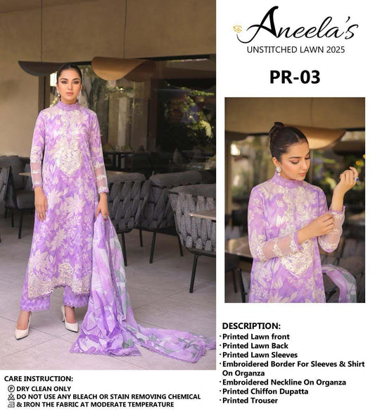 Aneela’s Collection | Lawn & Chiffon Embroidered Suit | HR Designers Dress | Beautiful Unstitched Lawn Embroidery Dress