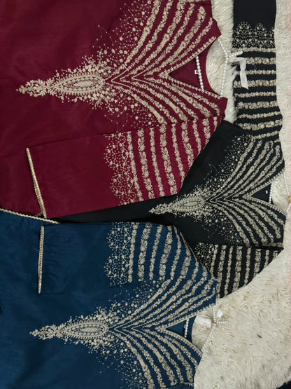 Eid Arrivle Sequins Embroidery Rawsilk Suit with Organza Dupatta | Branded Stitched Dress For Girl's