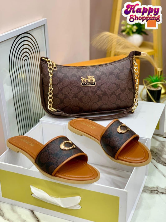 Coach Combo Deal for Women | C Buckle Flat Slipper + Moon Style Cross Body Bag | With Brand Box