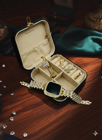 Luxury Golden Watch with Jewelry Set & Box | Elegant Gift Set for Women | Jewelry Box Gift Set For Girl's | Stylish Watch With Jewelry | Wedding Gift For Girl's