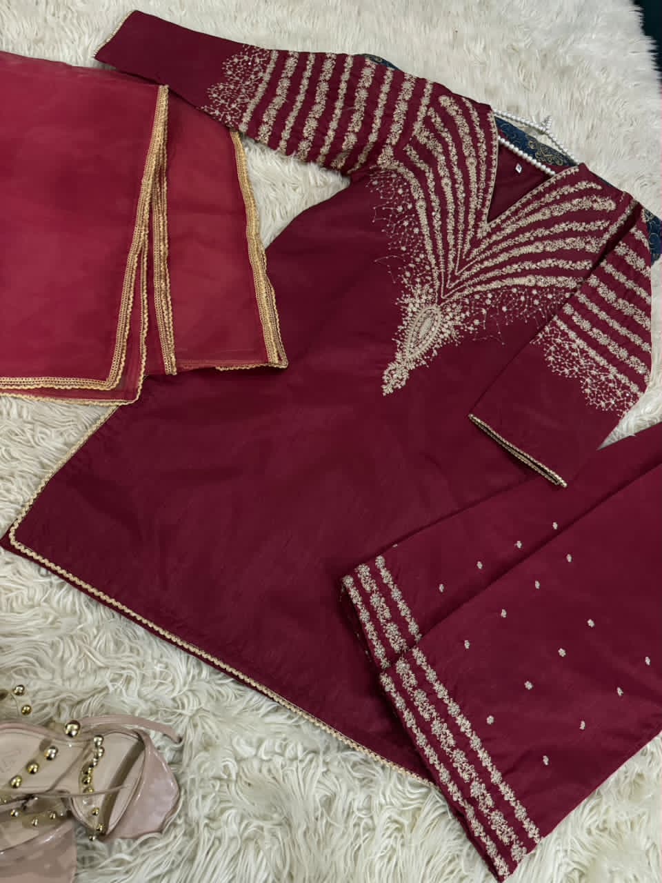 Eid Arrivle Sequins Embroidery Rawsilk Suit with Organza Dupatta | Branded Stitched Dress For Girl's