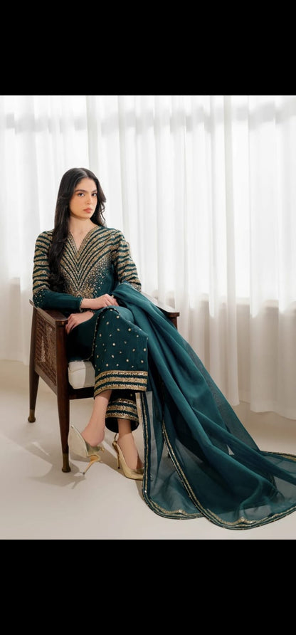 Eid Arrivle Sequins Embroidery Rawsilk Suit with Organza Dupatta | Branded Stitched Dress For Girl's