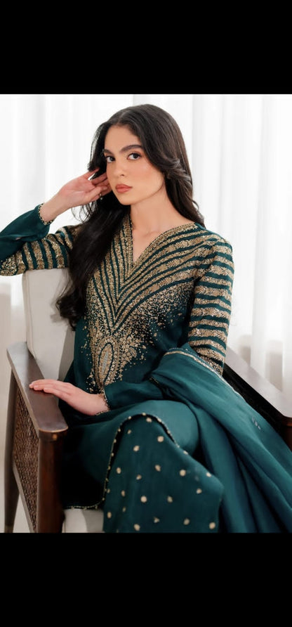 Eid Arrivle Sequins Embroidery Rawsilk Suit with Organza Dupatta | Branded Stitched Dress For Girl's