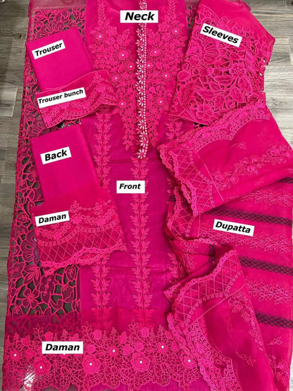 Maria B Premium Embroidered Cotton Suit with Organza Dupatta | Brand Embroidered Dress | Beautiful Unstitched Party Wear Dress